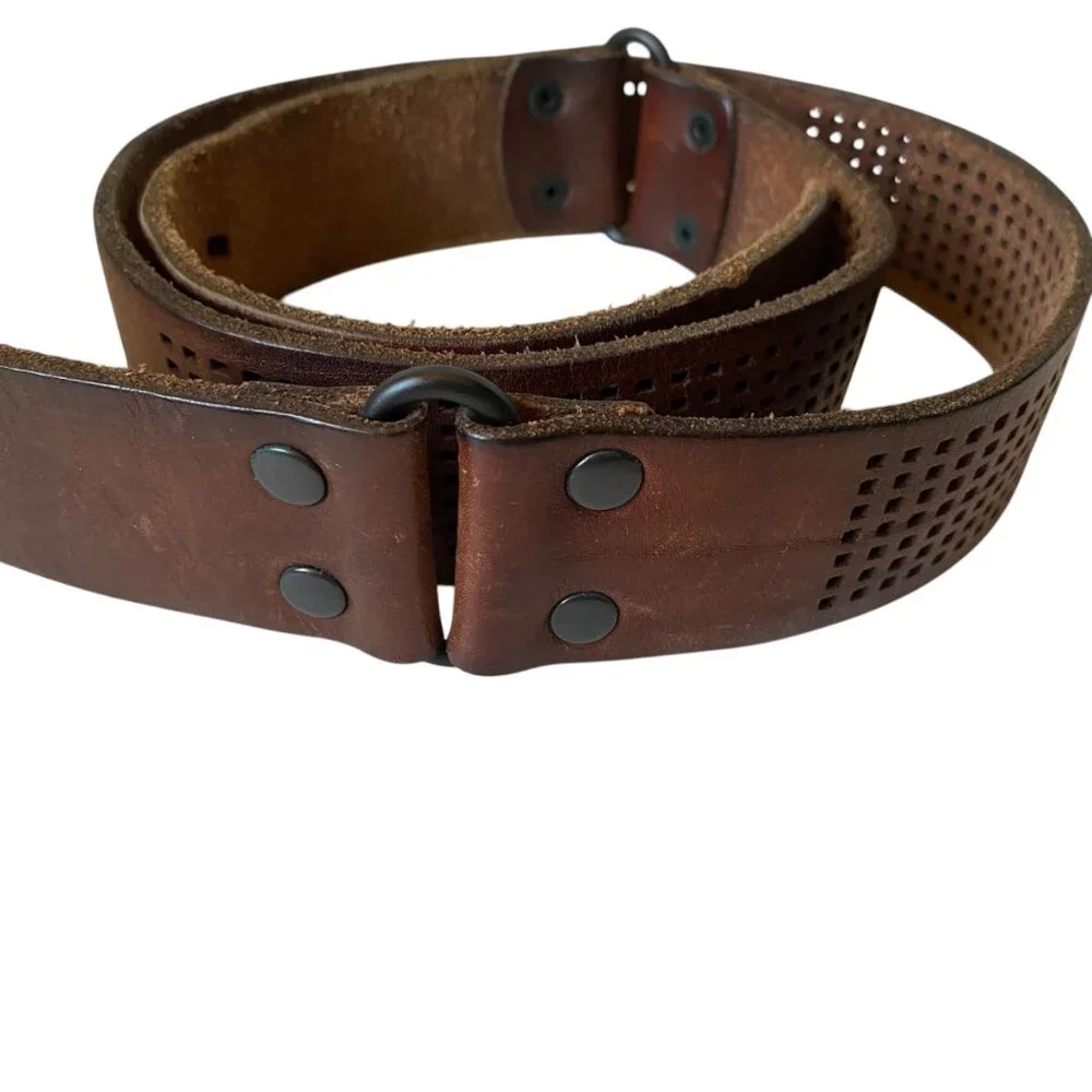 Calvin Klein Vtg Brown‎ Perforated Leather Belt Metal Buckle 1.5